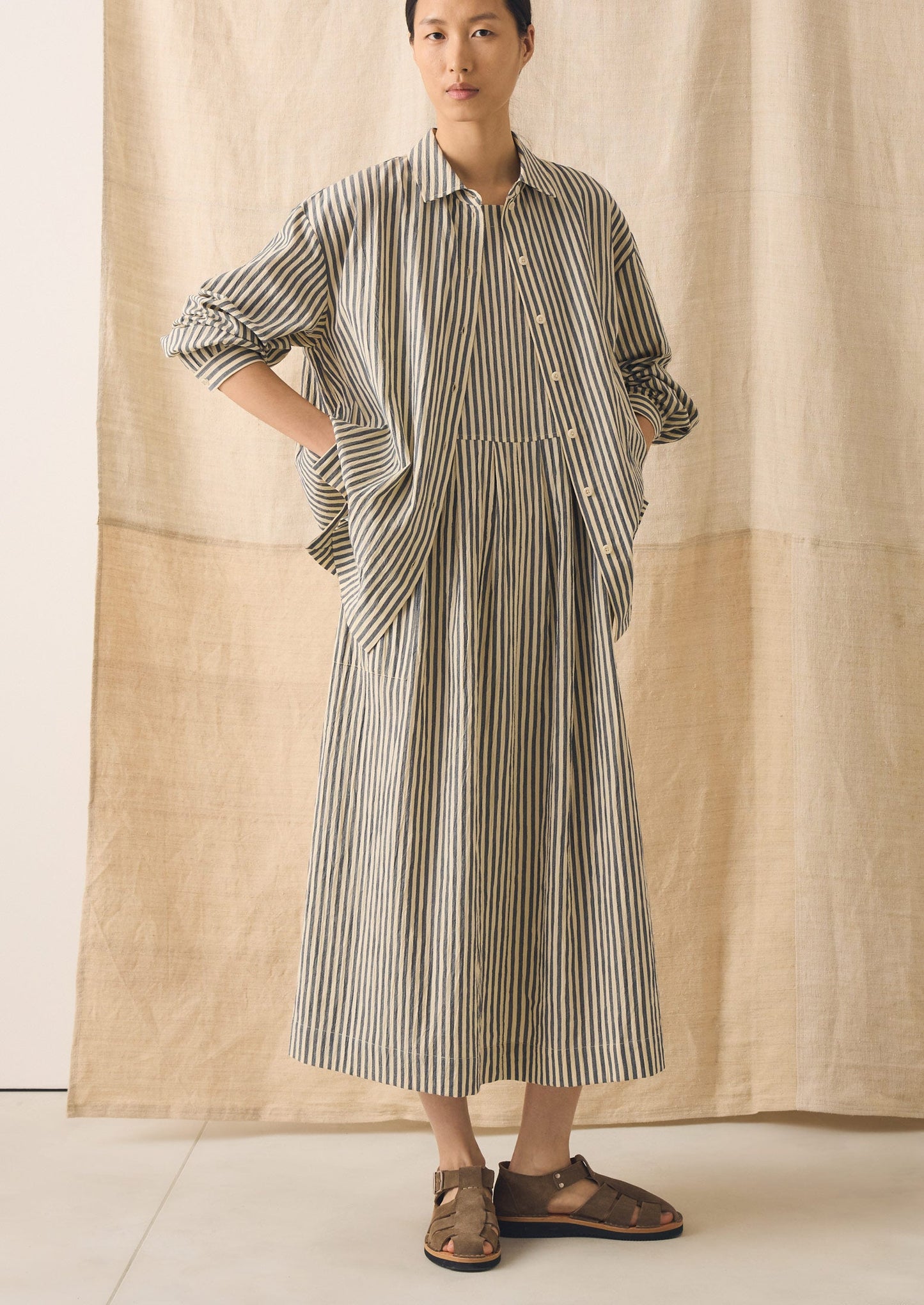 Tablier Stripe Cotton Pinafore Dress | Workshop Blue