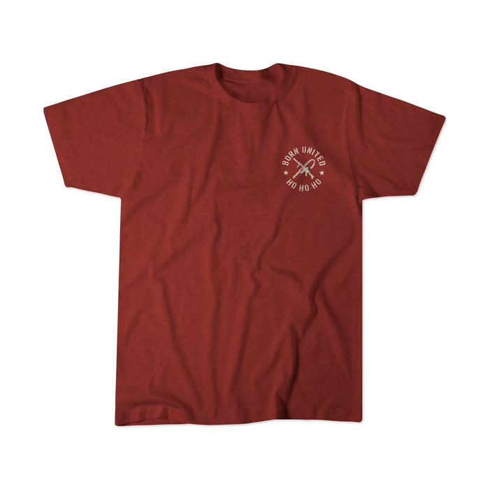 The Tactical Santa Tee by Born United Private Label is a limited-edition red short-sleeve shirt with a small white left-chest graphic that reads Snow United Ho Ho Ho above two crossed skis.