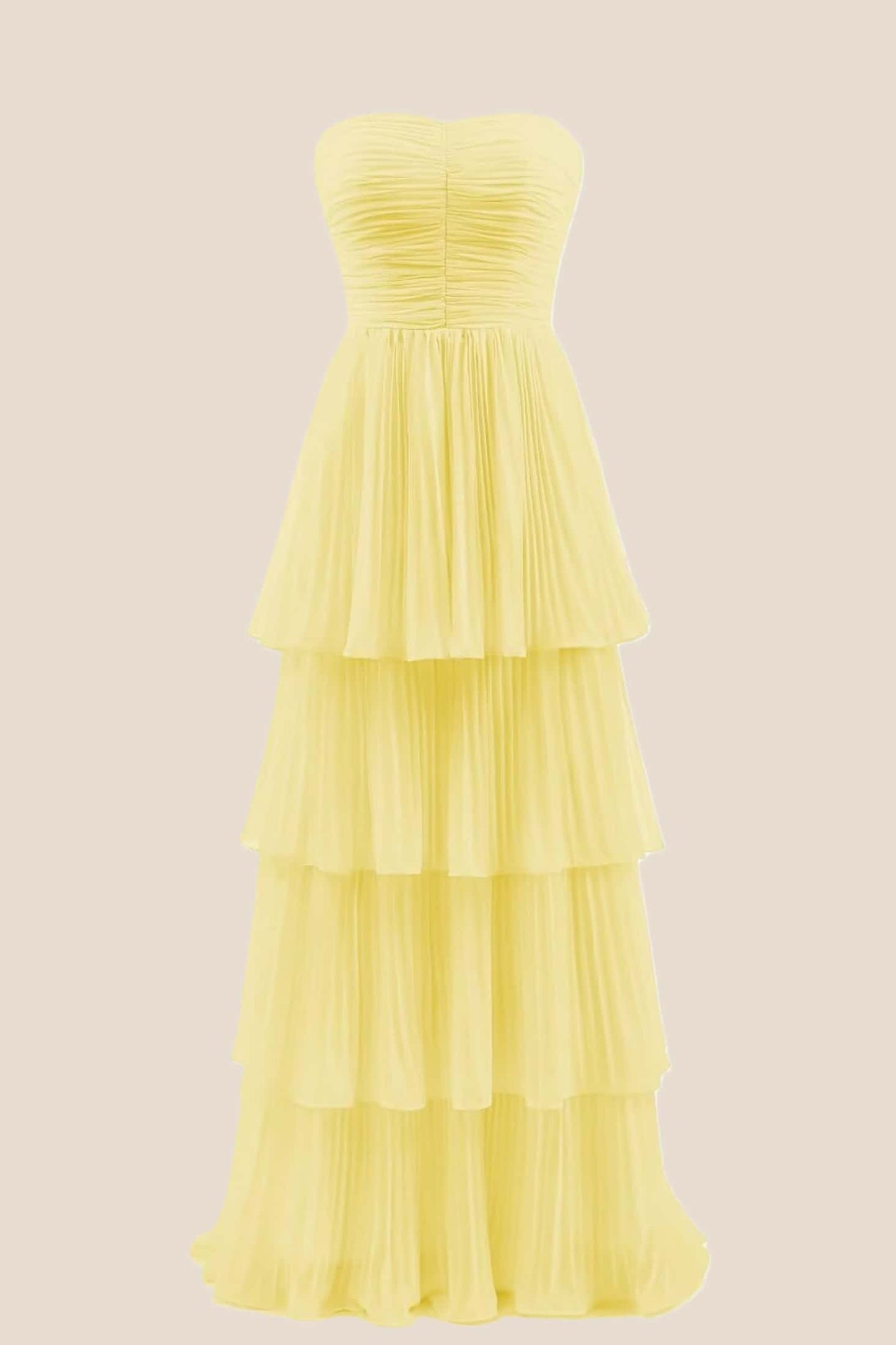 Yellow Chiffon Pleated A-line Tiered Maxi Dress