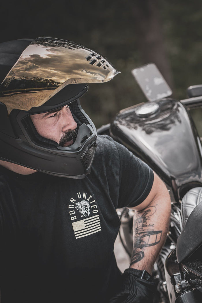 born united - heavens and hell black tee shirt on model