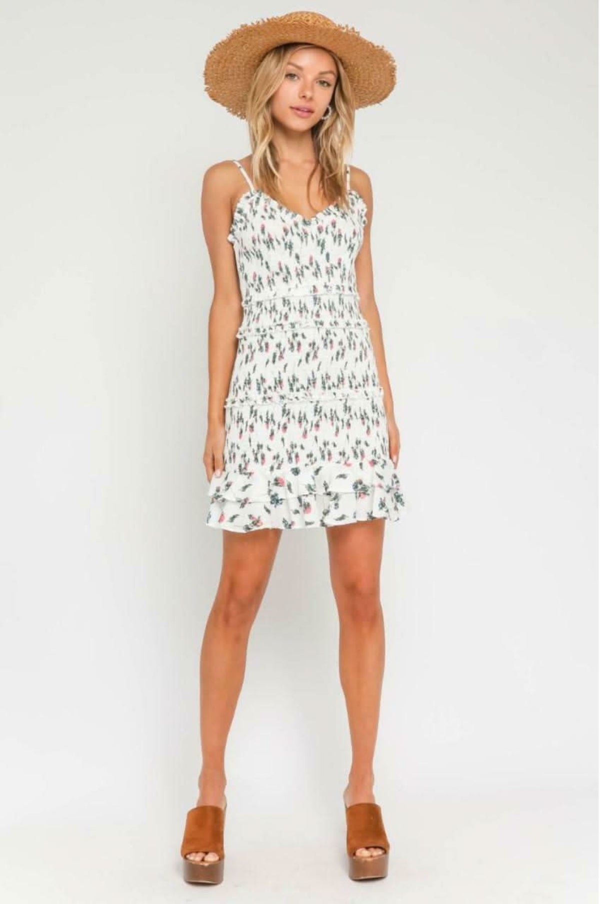 Rhea White and Red Floral Smocked Ruffle Mini Dress