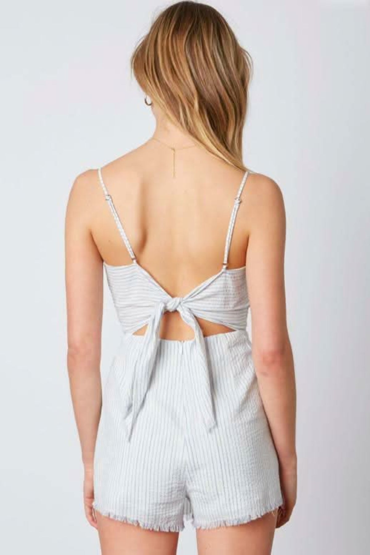Stephanie Chambray Blue Striped Tie-Back Romper