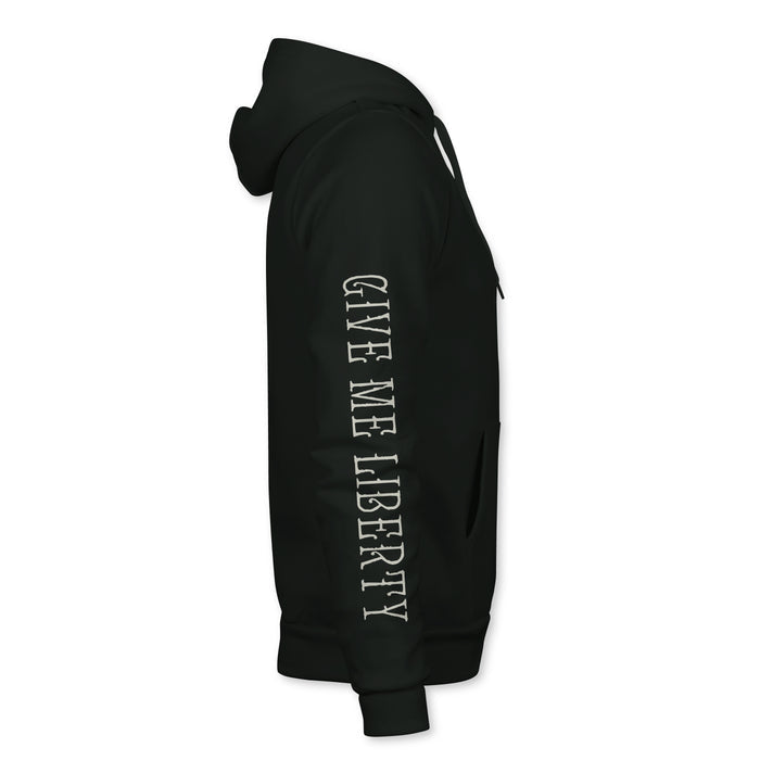 The Liberty Or Death Hoodie by Born United Private Label features a side view and bold "GIVE ME LIBERTY" lettering in white down the right sleeve.