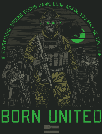 Three armed soldiers in tactical gear stand under night vision, with the text "If everything around seems dark, look againโyou may be the light" and "Light in the Darkness Challenge Coin by Born United Private Label" boldly displayed below.