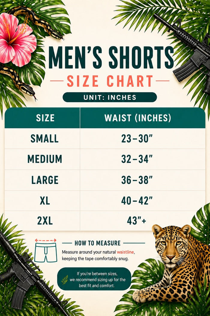 Tango Charlie Apparel Men's Performance Training Shorts | 5.5"- Tactical Tropic size chart (S-2XL) with waist measurements, tropical leaves, pink flower, two rifles & leopard. Features measuring instructions and a tip to size up if between sizes.