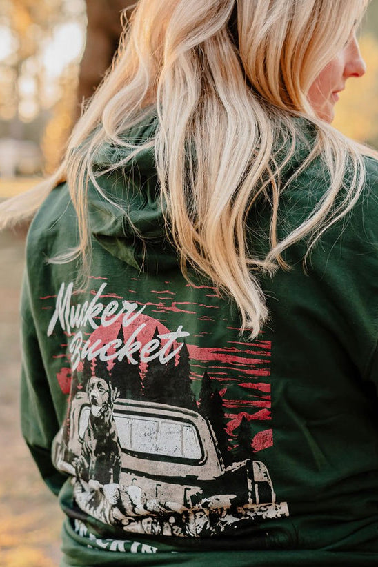 mucker bucket - stackin' ducks premium hoodie on women's model