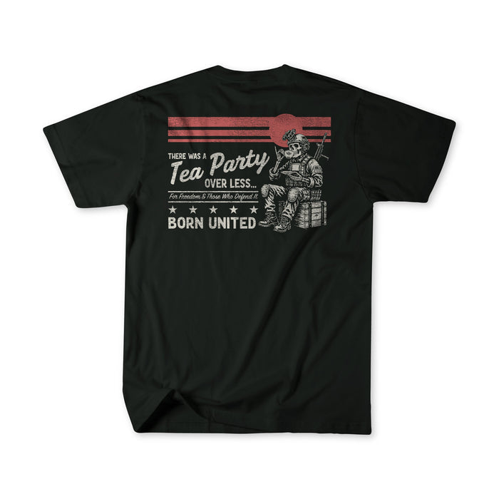 Black t-shirt from Born United Private Label featuring the "Tea Party" graphic with a colonial soldier, red stripes, and the text: "There was a Tea Party over less. Born United.