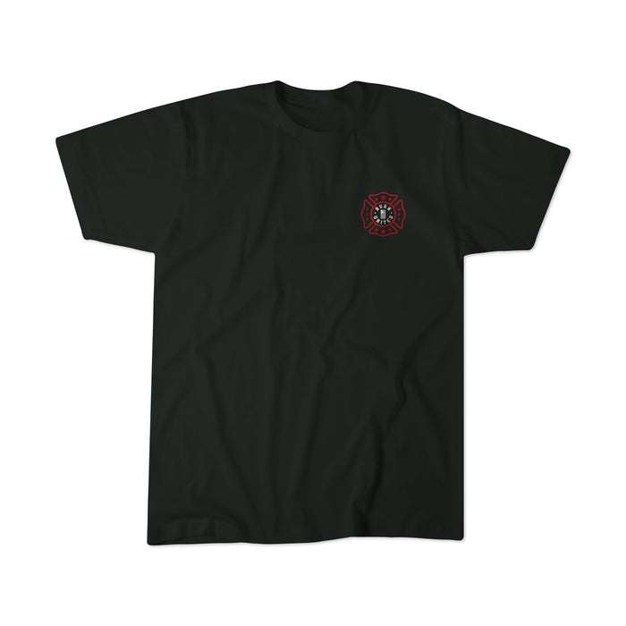 The Fireman's Prayer by Born United Private Label is a black T-shirt with a small red and white firefighter emblem on the left chest, ideal as a firefighter gift and shown on a plain white background.