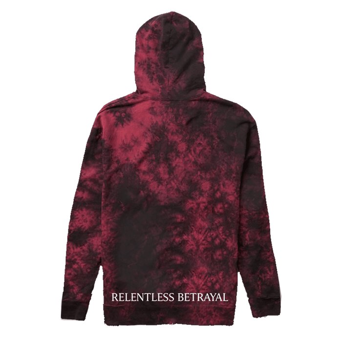 The Trustless Chief Red Tie Dye Hoodie by Relentless Betrayal is a unisex piece made from a soft cotton/polyester blend, boasting the brand name in bold white on the backs bottom edge, offering both comfort and edgy style.