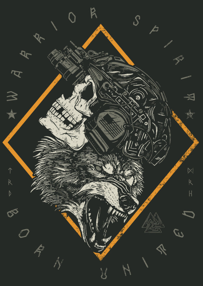 The Warrior Spirit PVC Patch by Born United Private Label features a skull in a tactical helmet morphing into a snarling wolf inside a yellow diamond, with โWARRIOR SPIRIT BORN UNITEDโ text framing the image.