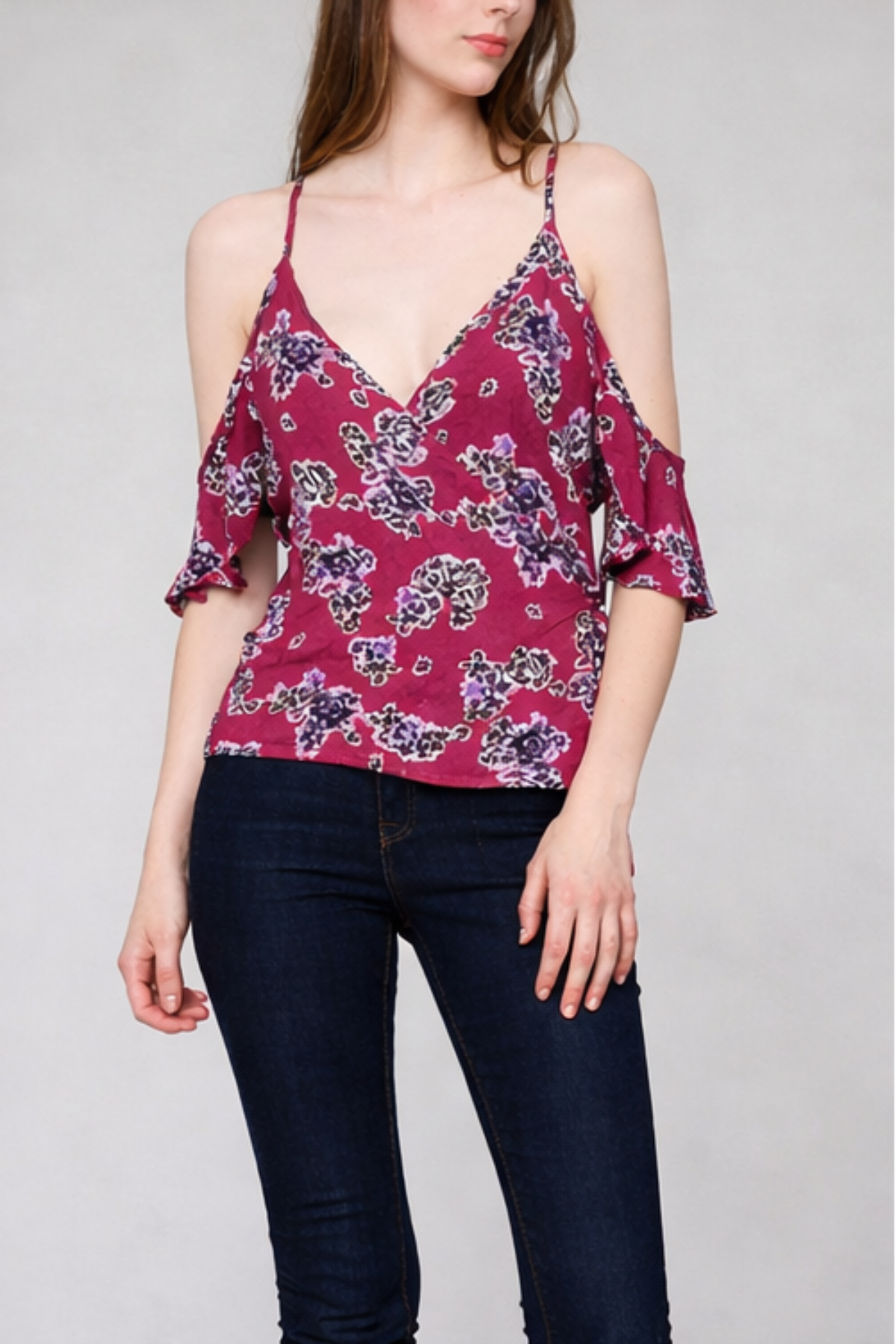 Sweet Bloom Wine Floral Print Cold Shoulder Top