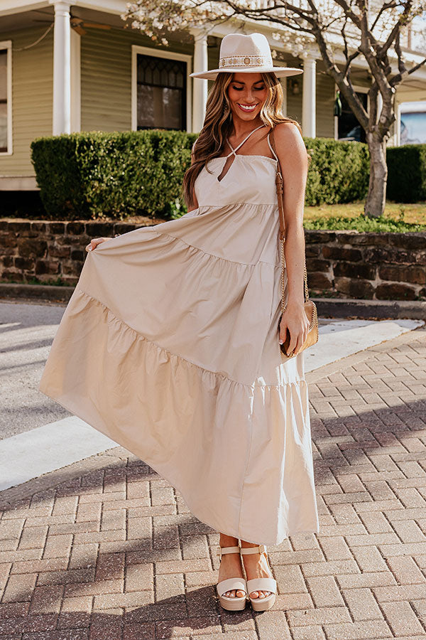 Modern Muse Poplin Tiered Maxi Dress in Iced Latte