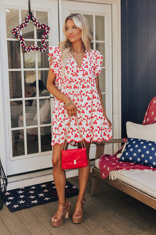 Ready For Vacay Embroidered Babydoll Dress in Red