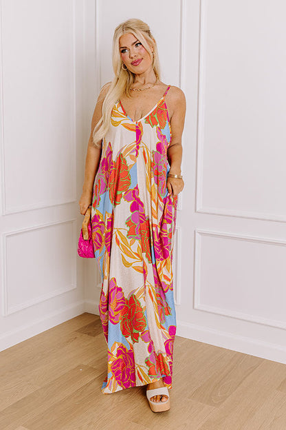 Sandy Shore Floral Maxi Dress In Cream Curves