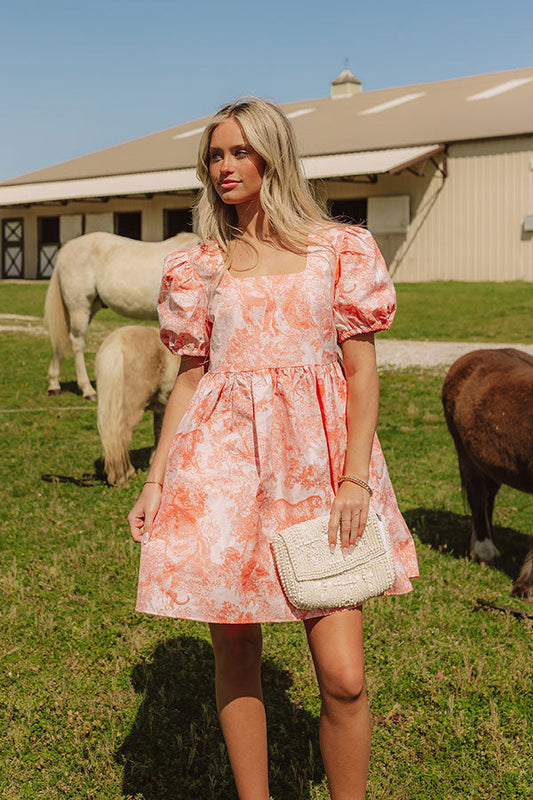 Cheerful Charm Jacquard Mini Dress in Coral