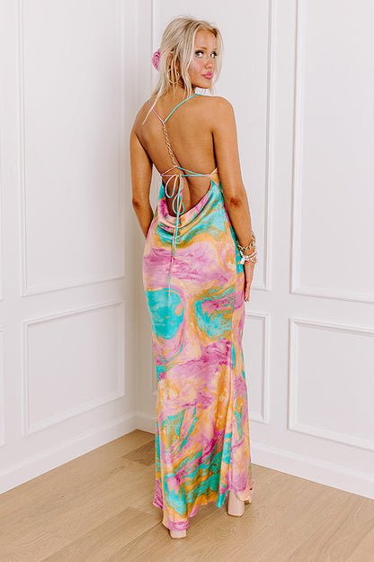 Sunset Sangria Satin Maxi Dress in Pink