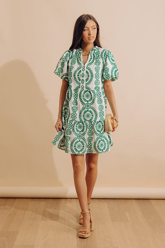 Sunny Outlook Eyelet Mini Dress in Green