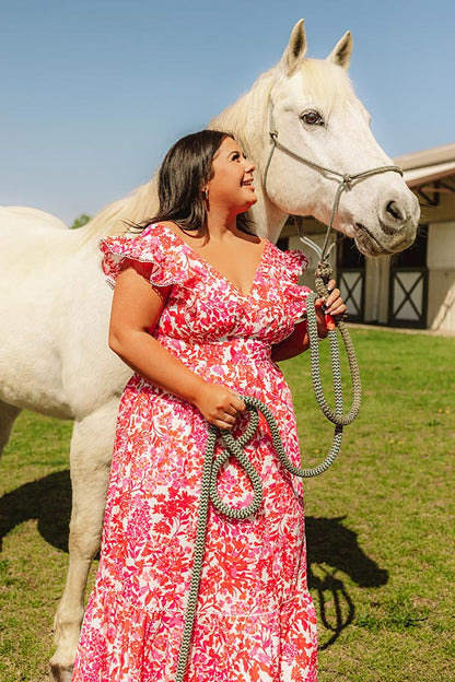 Romance In France Floral Maxi Dress in Red Curves