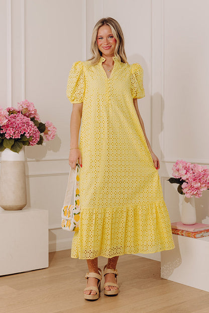 Easy Grace Eyelet Midi Dress in Yellow
