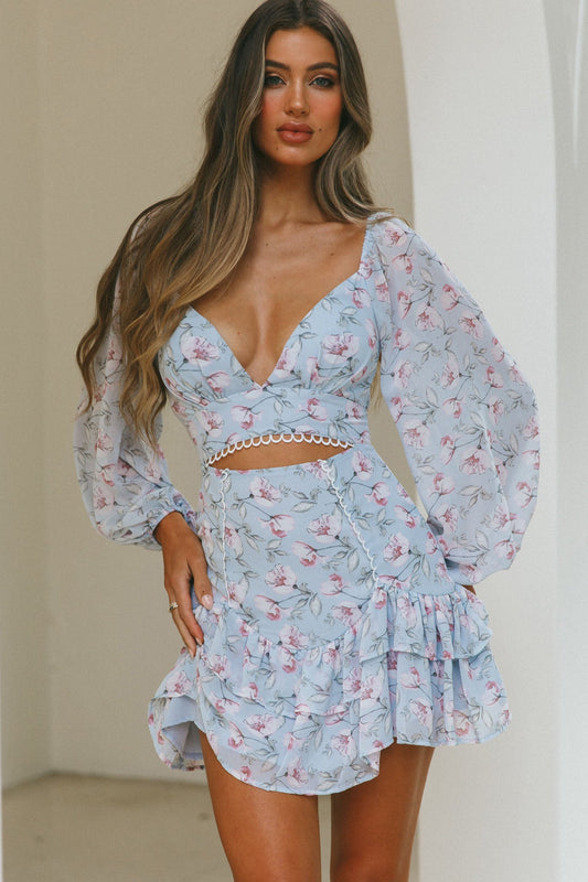 Dearly Beloved Balloon Sleeve Layered Frill Hem Dress Flower Print Blue