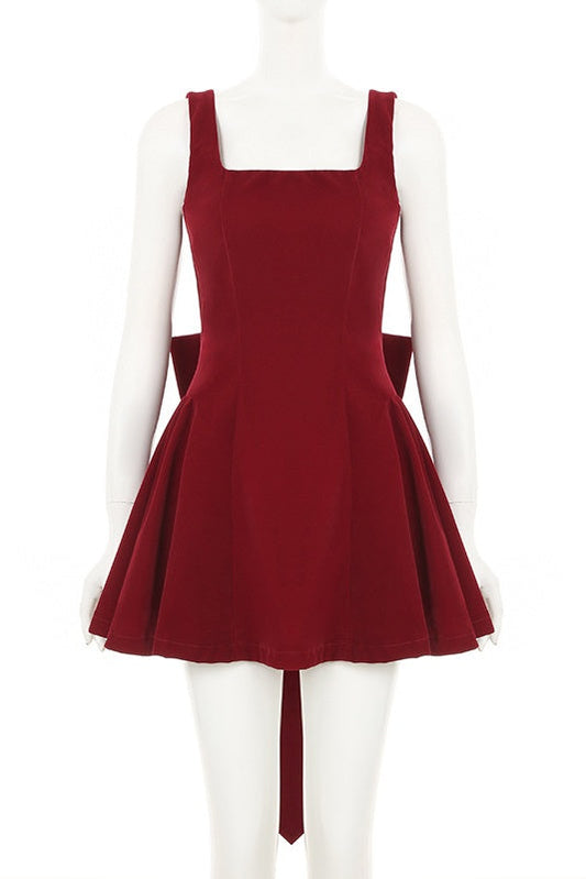 Square Neck Red Velvet A-line Short Dress