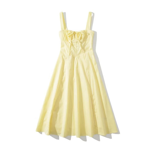 Yellow Ruched Neck Bow Short Party Dress