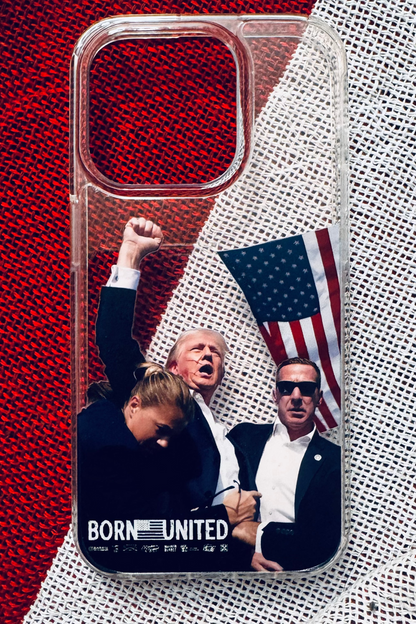 The Forever Legend iPhone Case by Born United Private Label showcases three people, an American flag, and BORN UNITED in white on a clear case over a red and white striped background—celebrating unity.