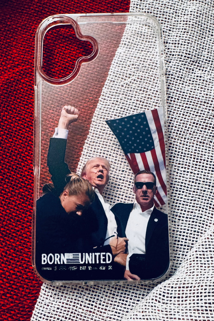 The Forever Legend iPhone Case by Born United Private Label features a collage of three figures—one raising a fist, another in sunglasses, with an American flag behind them and BORN UNITED at the bottom—all on a clear case.