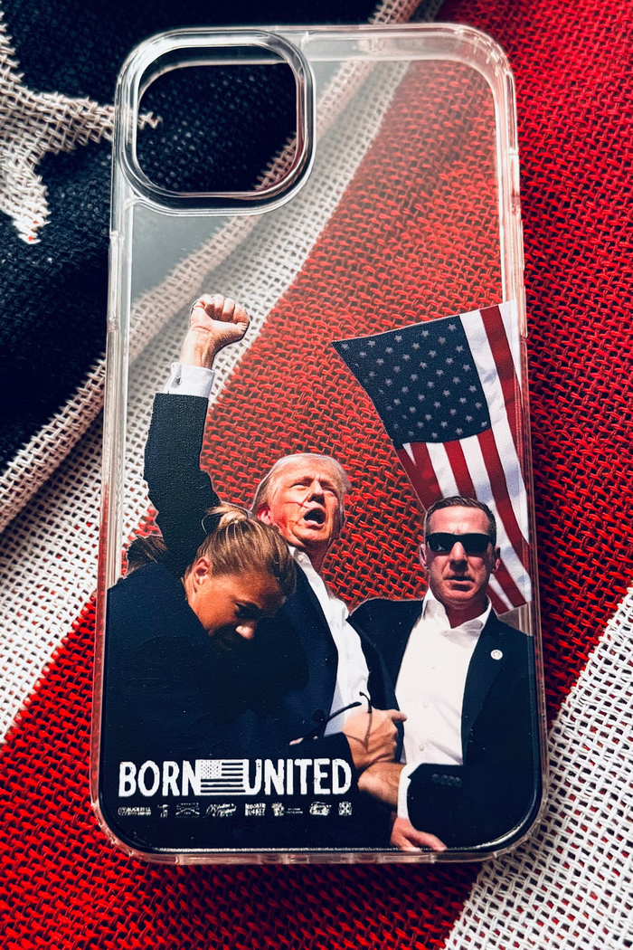The Forever Legend iPhone Case by Born United Private Label features three figures—one raising a fist, another holding an American flag—and BORN UNITED at the bottom, all set on a textured American flag background.