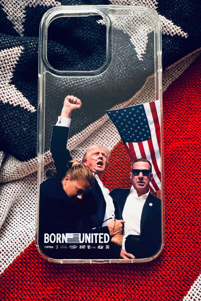 The Forever Legend iPhone Case by Born United Private Label features an American flag with three people—one raising a fist, another holding the flag—and BORN UNITED text plus symbols underneath, creating an iconic scene.