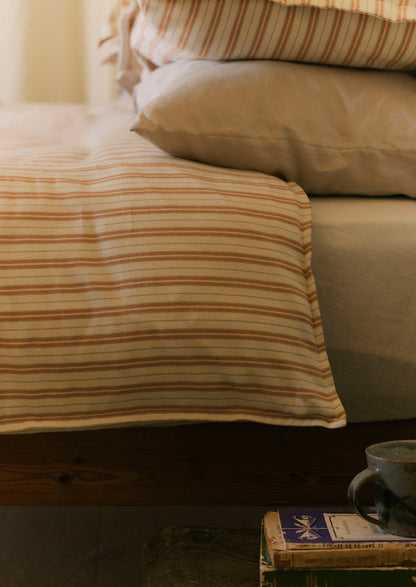 Ines Stripe Cotton Flannel Duvet Cover | Apricot/Soft Blue