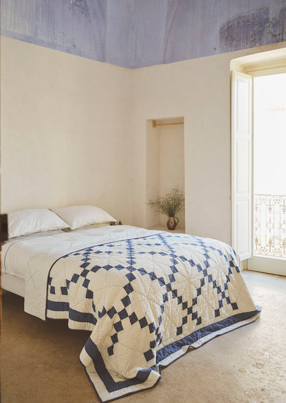 Lattice Patchwork Quilt | Ecru/Aegean Blue