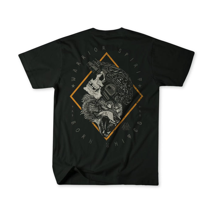 A Warrior Spirit black t-shirt from Born United Private Label features a detailed skull and wolf design inside a diamond with an orange outline, emblazoned with Warrior Spirit and Born Wild, celebrating the resilient spirit of First Responders.