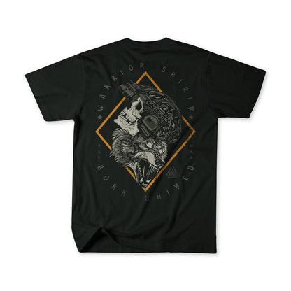 A Warrior Spirit black t-shirt from Born United Private Label features a detailed skull and wolf design inside a diamond with an orange outline, emblazoned with Warrior Spirit and Born Wild, celebrating the resilient spirit of First Responders.