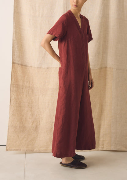 V Neck Garment Dyed Linen Jumpsuit | Tomato Red