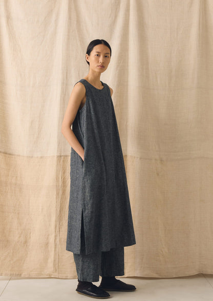 Linen Cotton Twill Apron Shift Dress | Navy/Ecru