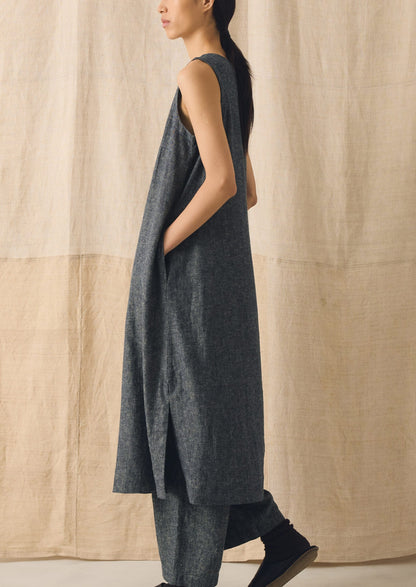 Linen Cotton Twill Apron Shift Dress | Navy/Ecru