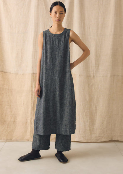 Linen Cotton Twill Apron Shift Dress | Navy/Ecru