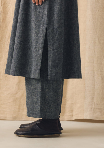 Linen Cotton Twill Apron Shift Dress | Navy/Ecru