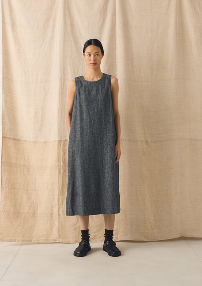 Linen Cotton Twill Apron Shift Dress | Navy/Ecru