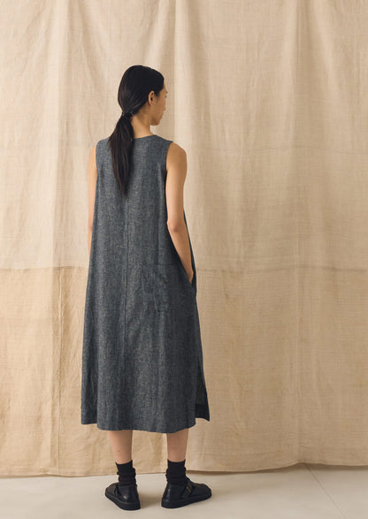Linen Cotton Twill Apron Shift Dress | Navy/Ecru