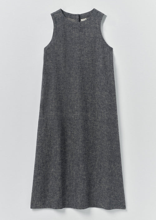 Linen Cotton Twill Apron Shift Dress | Navy/Ecru