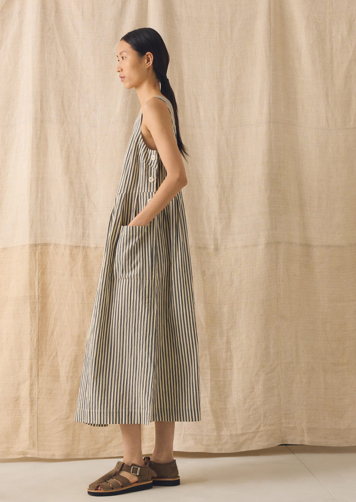 Tablier Stripe Cotton Pinafore Dress | Workshop Blue