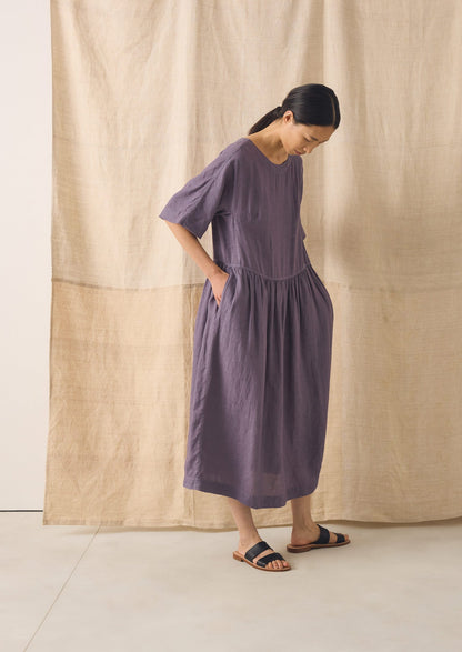 Lightweight Linen Gathered Waist Dress | Dark Thistle