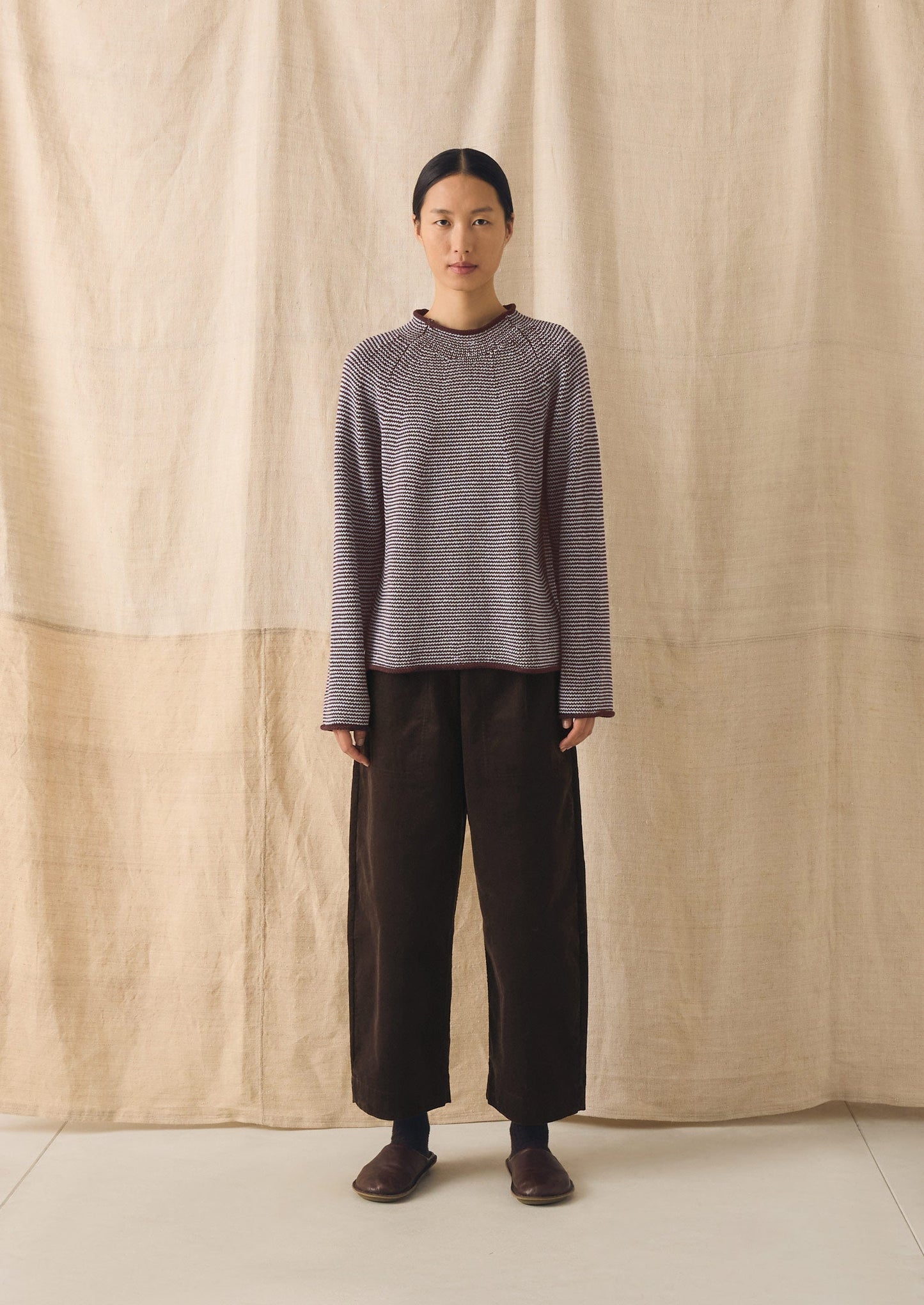 Stripe Linen Cotton Sweater | Brown Ochre/Periwinkle