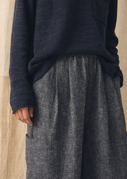 Linen Cotton Patch Pocket Trousers | Navy/Ecru