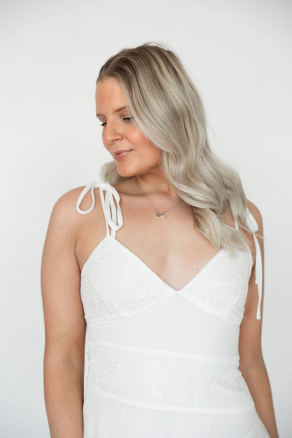 Lindsey White Lace Tie Strap Mini Dress