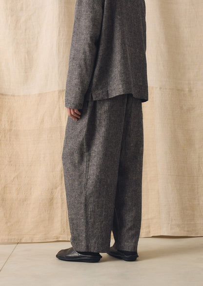 Pleated Linen Cotton Twill Trousers | Navy/Ecru