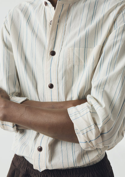 Jasper Irregular Stripe Cotton Shirt | Ecru/Cobalt