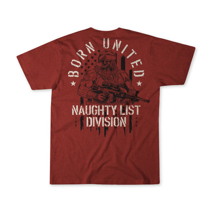 The Tactical Santa Tee by Born United Private Label is a limited-edition Christmas shirt with an armed Saint Nick graphic and “Born United Naughty List Division” text on the back.